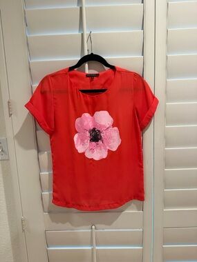 Orange Red Chiffon Sheer Blouse with Pink Flower